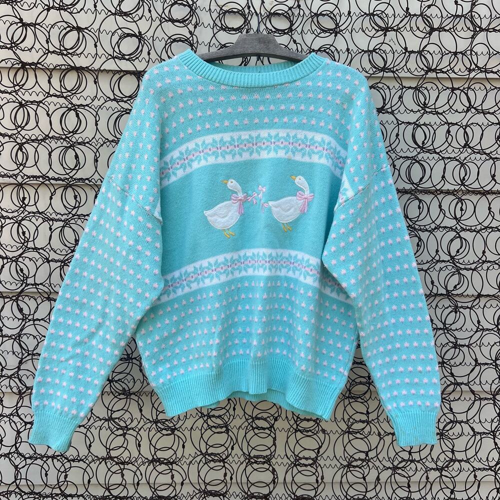 Vintage 80s 90s Kate Collins Pastel Country Goose Fair Isle Knit Sweater XXL?